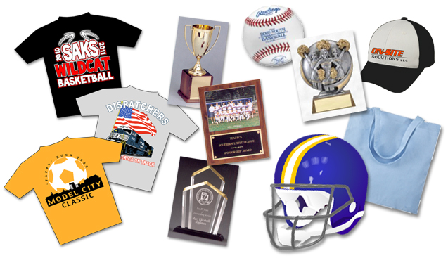 team uniforms, screenprint, trophies, embroidery